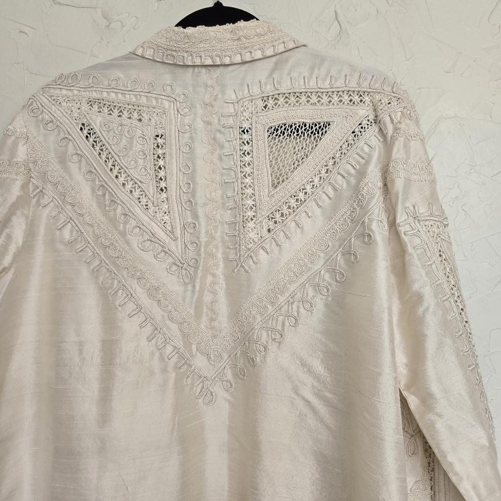 Vintage Silk Embroidered Lattice Cream Jacket, L - Picture 9 of 13